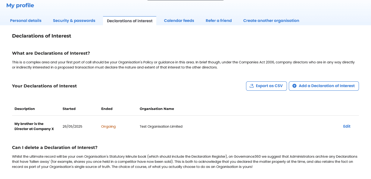 governance360 declarations of interest feature